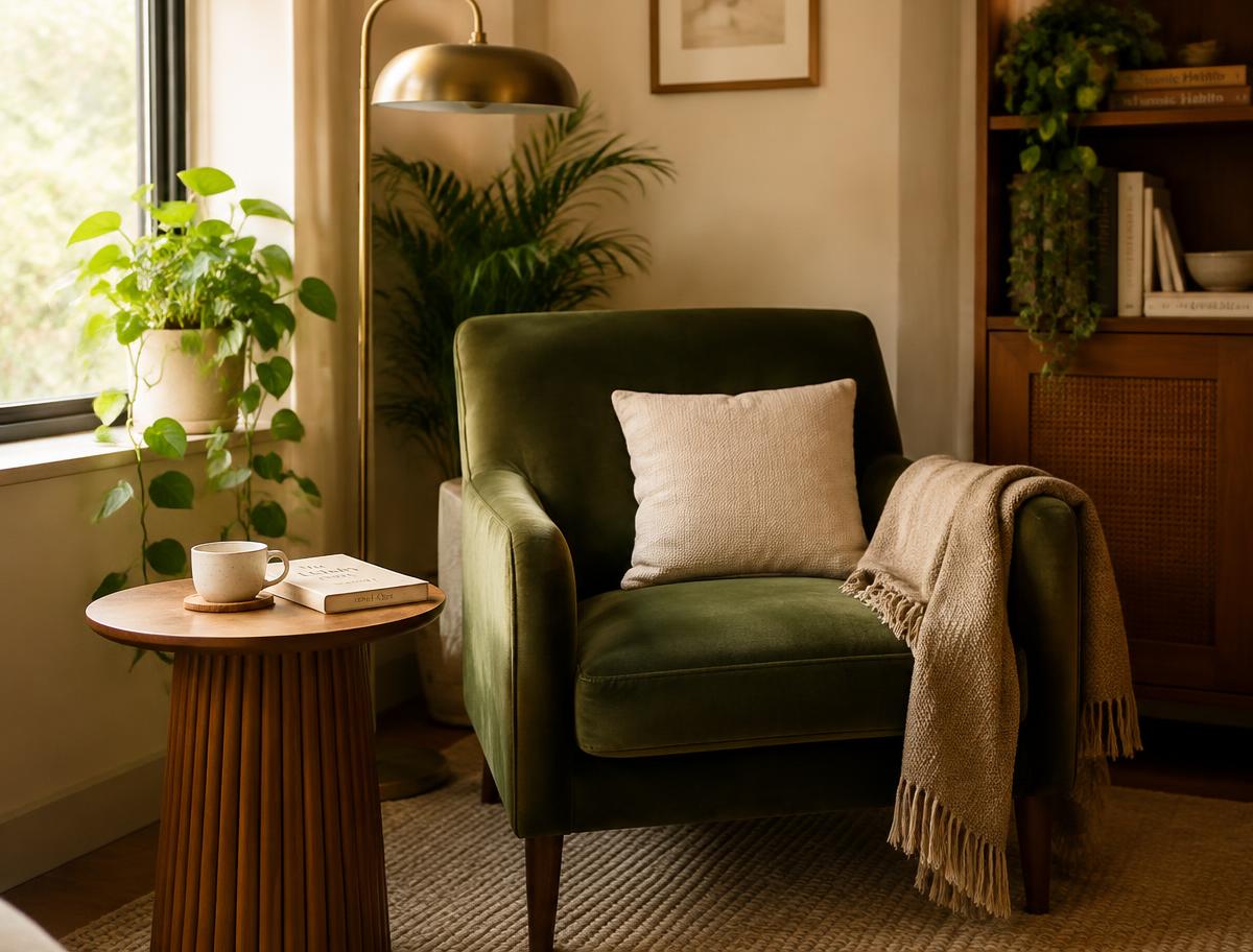 Ambiente acolhedor com poltrona verde e plantas