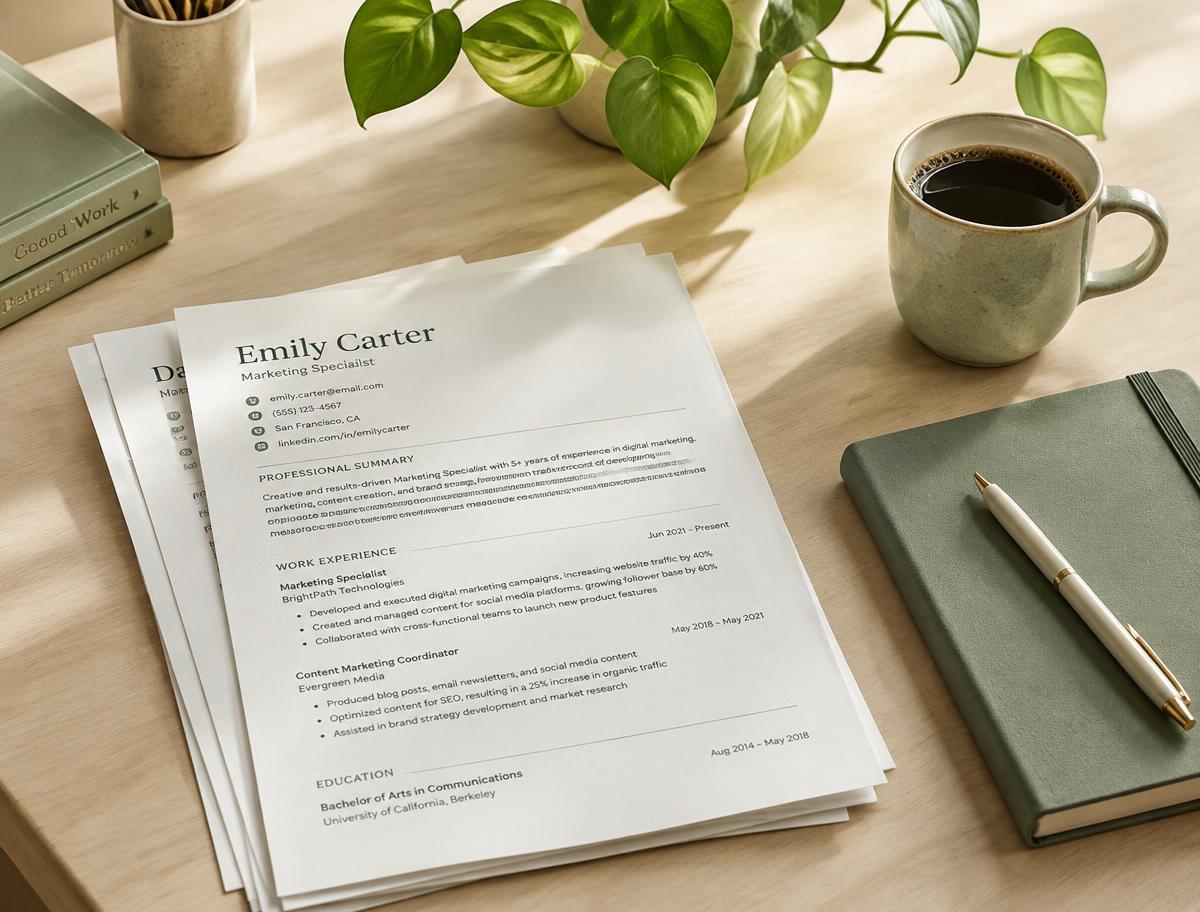 Mesa de trabalho com currículos e caderno