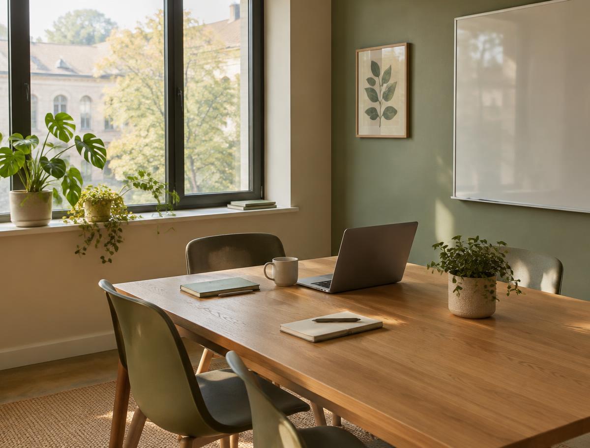 Sala de reunião iluminada com mesa de madeira